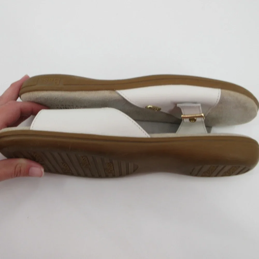 GH Bass Sunjuns Safina Women White Leather Slide Sandals Gold Buckle Flat Sz 10
